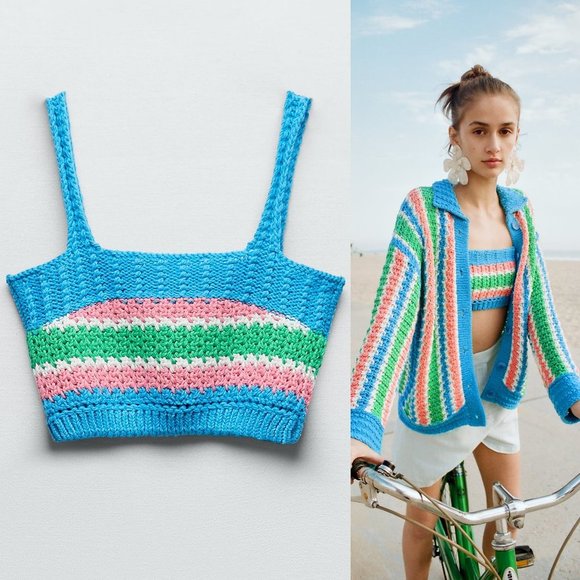 NEW Zara Crochet Knit Striped Y2K Cropped Top Blue Pink Green White Small S - Picture 1 of 7